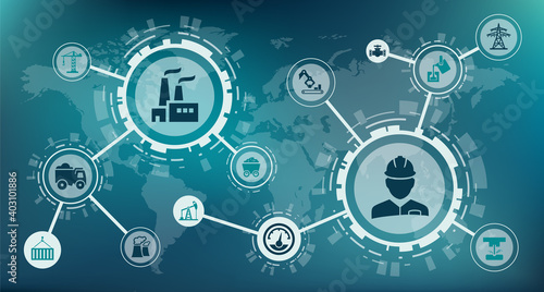 global heavy industry / chemical or gas refinery or construction vector illustration. Concept with icons related to worldwide manufacturing, energy sector, processing company.