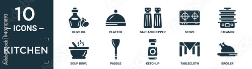 filled kitchen icon set. contain flat olive oil, platter, salt and pepper, stove, steamer, soup bowl, paddle, ketchup, tablecloth, broiler icons in editable format..