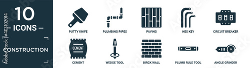 filled construction icon set. contain flat putty knife, plumbing pipes, paving, hex key, circuit breaker, cement, wedge tool, birck wall, plumb rule tool, angle grinder icons in editable format..