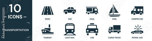 filled transportation icon set. contain flat road, car, haul, yawl, camper car, tugboat, light rail, cab, cargo truck, patrol car icons in editable format..