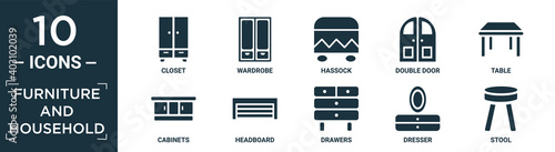 filled furniture and household icon set. contain flat closet, wardrobe, hassock, double door, table, cabinets, headboard, drawers, dresser, stool icons in editable format..