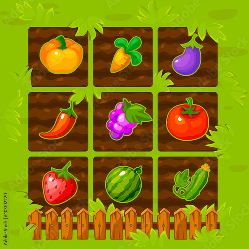 Vector farm game field match 3 with with a wooden fence and berries.