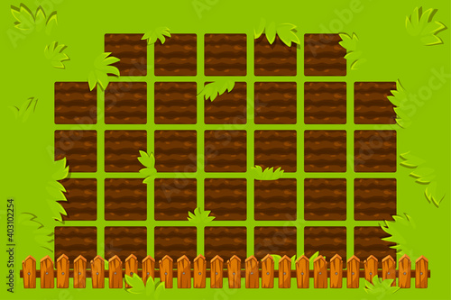 Vector farm field with wooden fence to play.