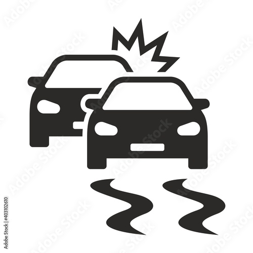 Car crash icon. Car accident on slippery road. Icy road. Road may be slippery. Vector icon isolated on white background.