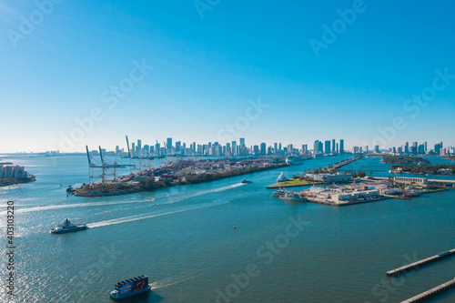 Aerial Photograph of Miami Skyline Over Looking Government Cut from Miami Beach