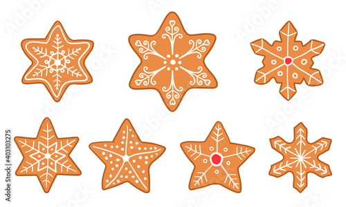 Vector set of gingerbread cookies isolated on white background. Gingerbread stars with frosting 