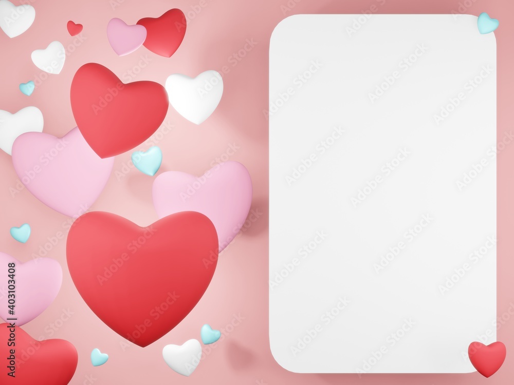 3D render - Valentine's Day background with 3d hearts on red, Happy Valentine's Day, love creative concept, romantic template, red and pink realistic paper hearts.