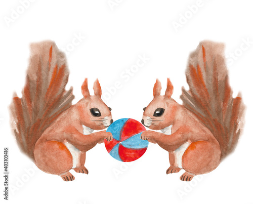 Baby squirrels playing with a ball, watercolor