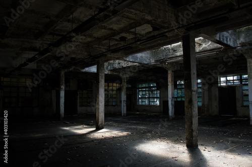 Abandoned  empty industrial hall with dirty walls