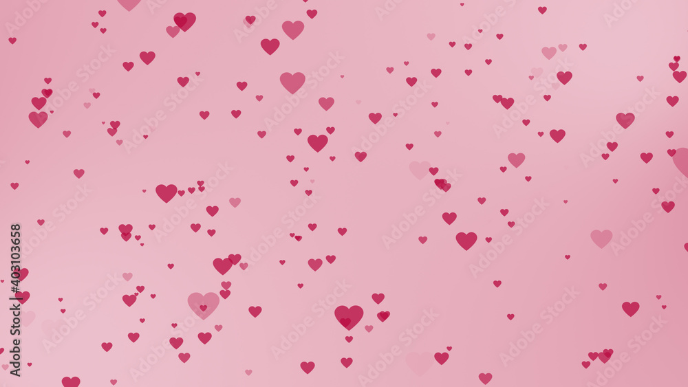 Many half transparent purple hearts appear in the frame and fall down on pink gradient background. For celebrating Valentine's day dreamy love romantic relationship concept backdrop with copy space