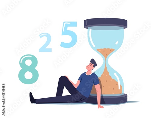 Long Wait, Man in Hall Sit and Sleeping at Huge Hourglass. Appointment in Clinic or Office, Airport Departure Delay