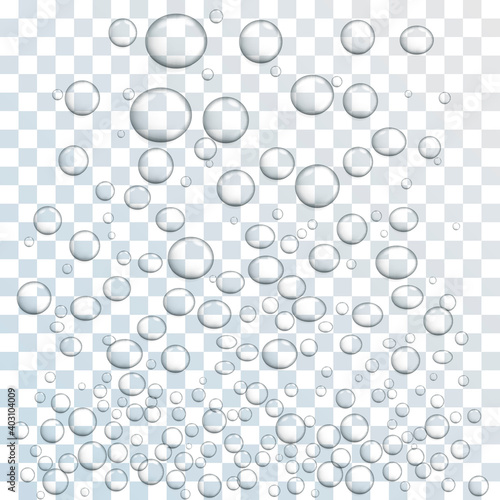 Boiling water. Air bubbles pop up from the bottom up to the surface of the water. Vector illustration of boiling process with transparent background.