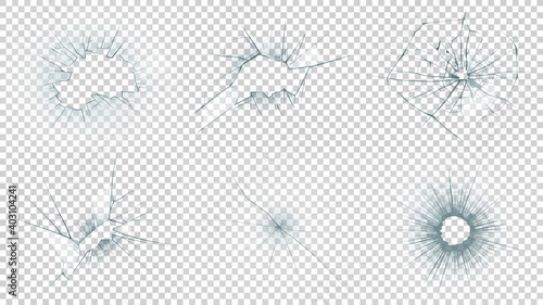 Broken glass. Set of holes and cracks for destruction design. Vector backgrounds.