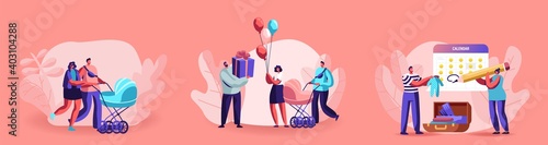 Happy Parent Characters Walking with Kid Stroller. Woman and Man Waiting Baby Birthday. Childhood, Parenthood, Maternity