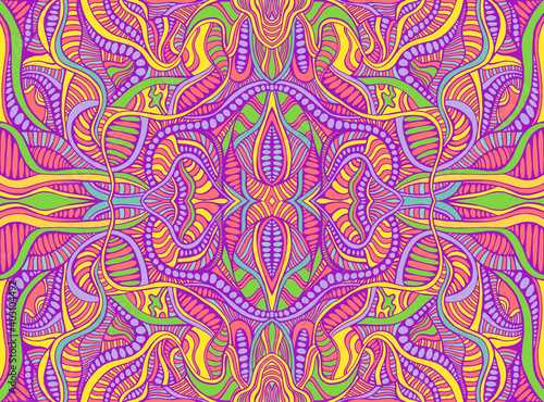 Rainbow summer psychedelic hippie style abstract fantastic mandala colorful background with many crazy geometric pattern.