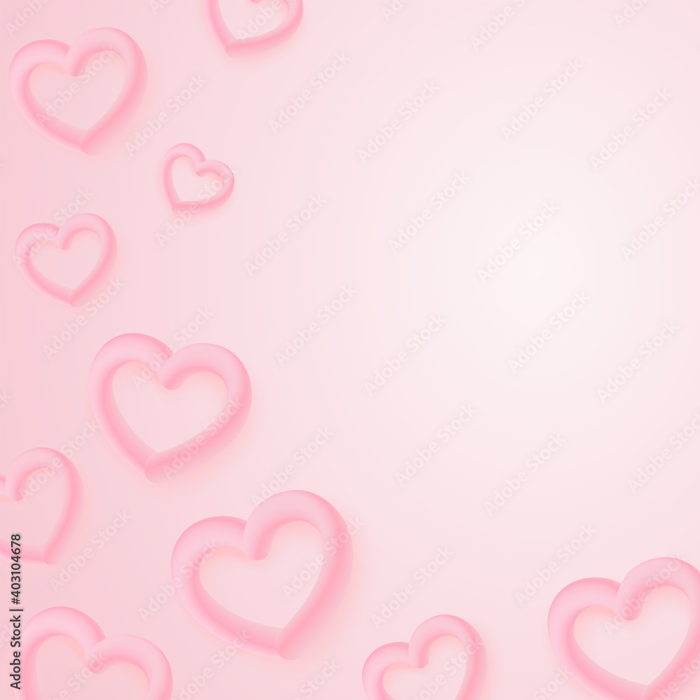 Vector card with 3d hearts on a pink gradient background. It can be used for congratulations on Valentine's Day, wedding, or other romantic holidays. Romantic poster with blank space for your text.