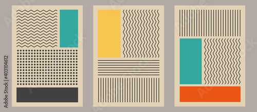 Trendy set of abstract creative minimalist artistic composition with rectangles and stripes pattern ideal for wall decoration, as postcard or brochure design, vector illustration. Art print decor.