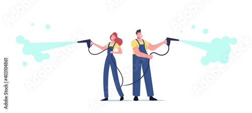 Male and Female Characters Work at Car Wash Service. Workers Wearing Uniform Pouring Water Using High Pressure Washer