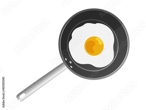 Black frying pan with fried egg on white background. Vector illustration.