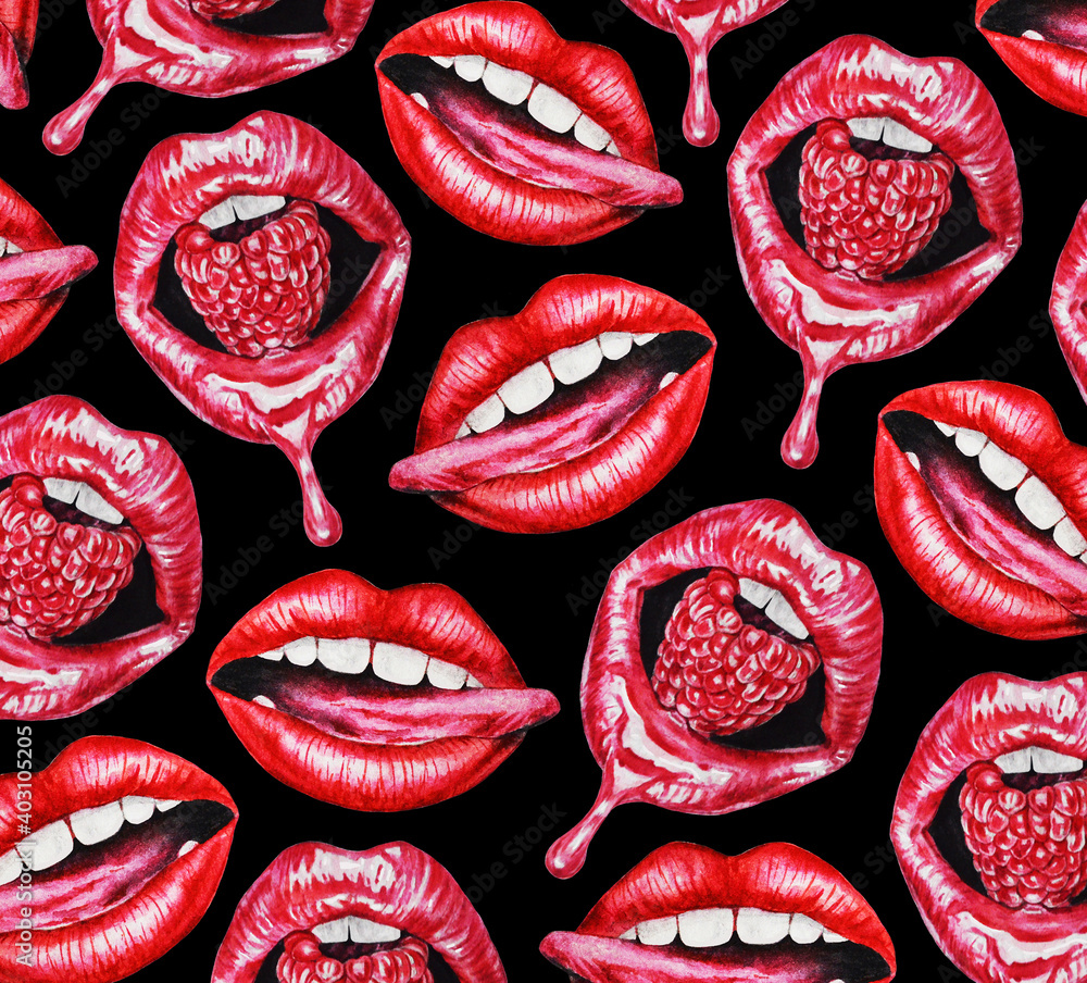 Fototapeta Sexy red, different lips. Fashionable pattern on a black background. Idea for design, textiles, prints and more. Hand drawn. Watercolor illustration.