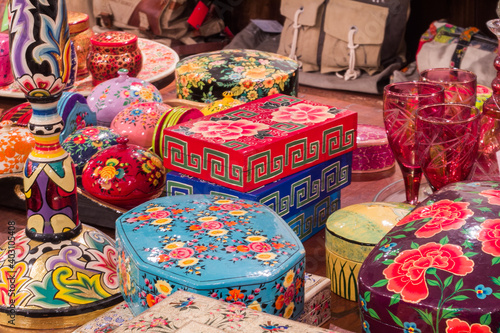 Beautiful painted multicolored terracotta caskets, handicraft items for sale during the Handicraft Fair in India