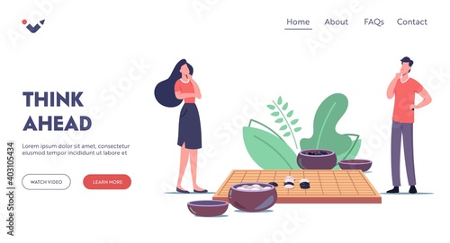 Characters Playing Go Game Board Landing Page Template. Traditional Chinese Strategy Game with Typical Course and Stones