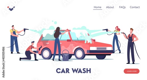 Car Wash Service Landing Page Template. Worker Characters Wearing Uniform Lathering Automobile with Sponge, Cleaning