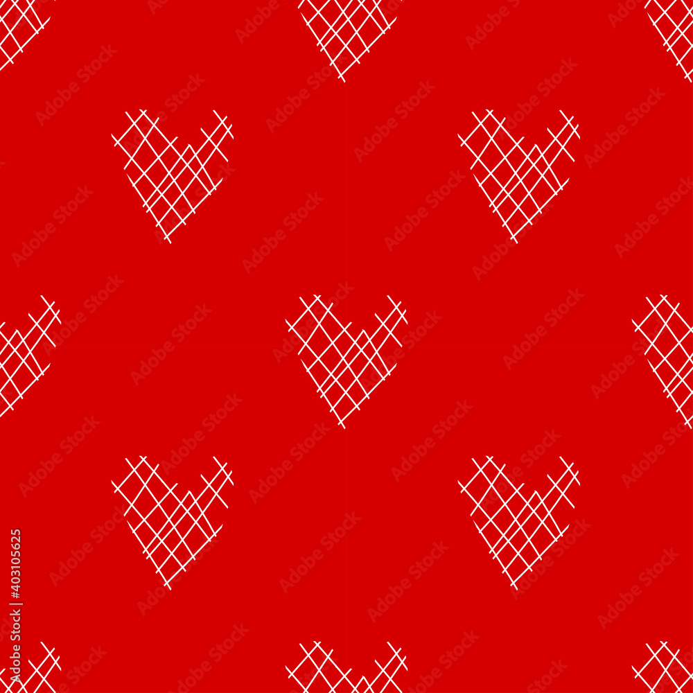 Seamless pattern of white threads in the form of a heart on a red background. Greeting card for Valentine's Day. Template, blank for fabric, wallpaper, wrapping paper, cover. Flat vector illustration. Seamless pattern of white threads in the form of a heart on a red background. Greeting card for Valentine's Day. Template, blank for fabric, wallpaper, wrapping paper, cover. Flat vector illustration.