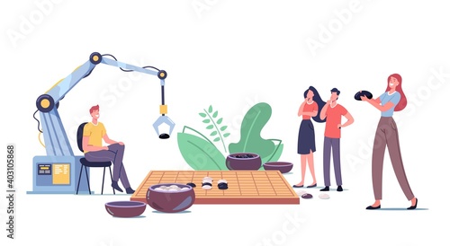 Characters and Robot Playing Gobang or Go Game Board with Typical Course and Two Wooden Bowls Filled with Stones
