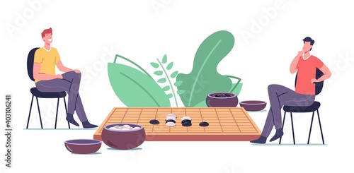 Traditional Chinese Gobang Strategy Game. Male Characters Playing or Go Game Board with Typical Course and Two Bowls
