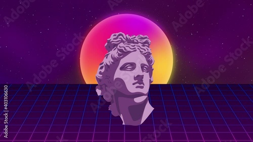 synthwave wireframe net. Sunset  and apollo head. 80s style, Retro Futurism Background. VHS intro. cyberpunk style. horizon landscape, neon lights, starry sky. vintage Seamless loop in 4k. Vaporwave photo