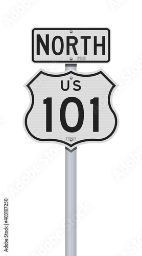 Vector illustration of the US Highway 101 California and North road signs on metallic post