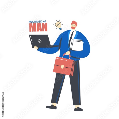 Multitasking and Time Management Concept. Businessman Character Holding Paper Documents, Briefcase and Laptop in Office