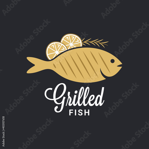 Grilled fish logo. Fish with lemon and rosemary