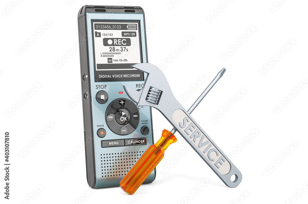Repair and service of digital voice recorder, 3D rendering Repair and service of digital voice recorder, 3D rendering