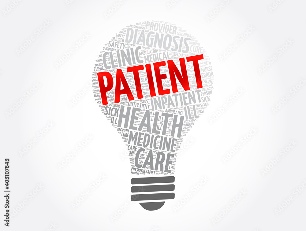 Patient light bulb word cloud collage, health concept background Patient light bulb word cloud collage, health concept background