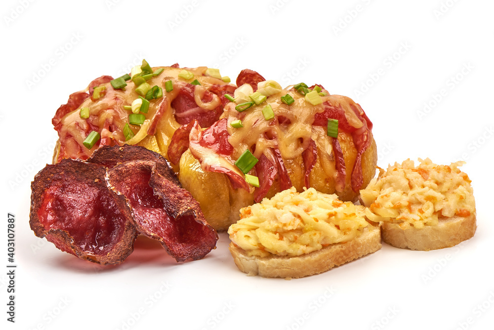 Obraz premium Stuffed baked potatoes with cheese and salami, loaded potato, isolated on white background