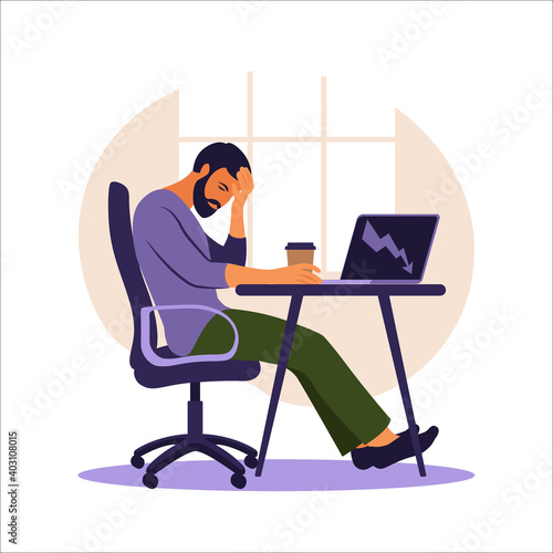 Professional burnout syndrome. Illustration tired office worker sitting at the table. Frustrated worker, mental health problems. Vector illustration in flat.