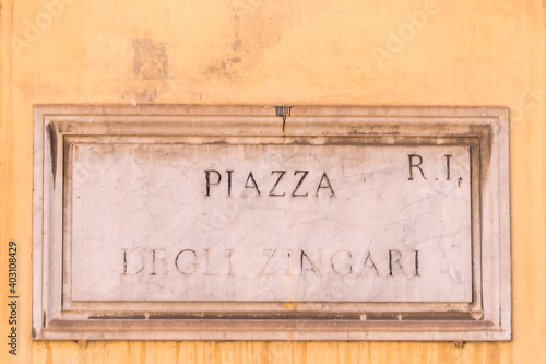 Piazza degli Zingari street name sign, in the central Monti district, Rome, Italy
