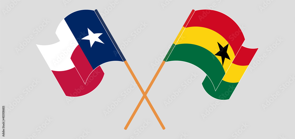 Crossed and waving flags of the State of Texas and Ghana Crossed and waving flags of the State of Texas and Ghana