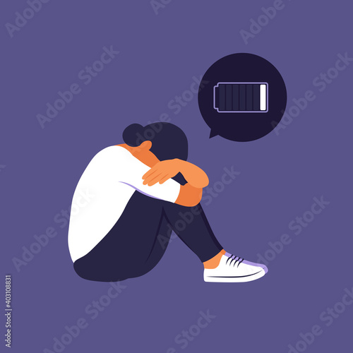 Tired woman sitting with a discharged battery in the thoughts. Concept emotional burnout or mental disorder. Vector flat