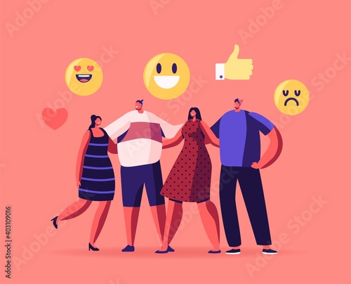 Empathy, Hugs with Friends Concept. Male and Female Characters Stand in Row Hugging Each Other, Smiling and Laughing