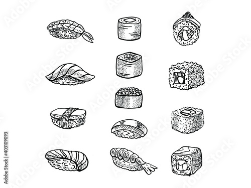 Hand drawn sketchy graic sushi sashimi set isolated on white background. Vector illustration. 