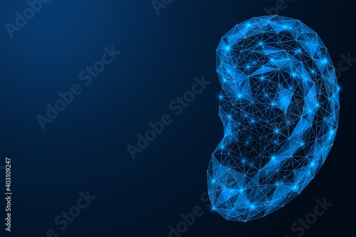 The ear of the person. Polygonal construction of concatenated lines and points. Blue background.