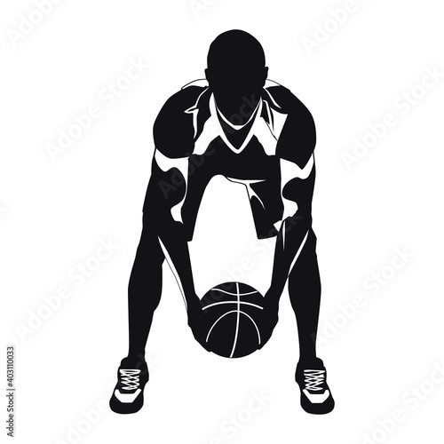 Professional basketball player silhouette with ball, vector illustration. Basketball dribbling skills, moves, tricks.