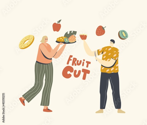 Healthy Eating, Male Female Characters Cut Different Fruits for Serve Table. Peeping or Curving Garden and Exotic Fruit
