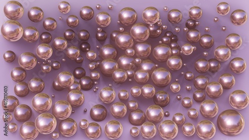 Scattered pearls 3D rendering abstract background. Delicate pink glass balls.