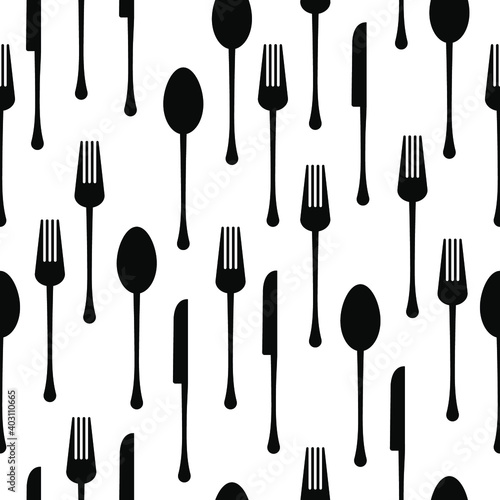 Seamless black and white cutlery vector pattern. Fork, spoon, knife background pattern. Elegant style design element. Vector illustration.