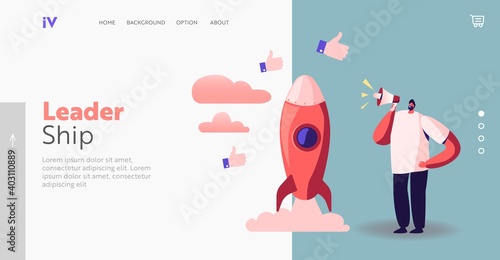 Man Presenting Start Up Project Landing Page Template. Business Male Character Yell to Megaphone Launch Rocket Take Off