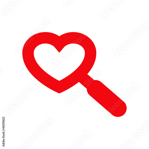 Buscar el amor. Logotipo con corazón con forma de lupa en color rojo